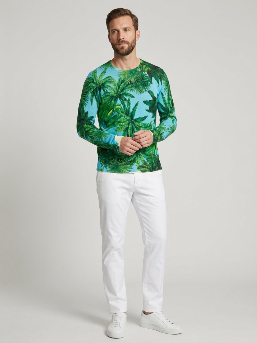 Versace for H&M 2011 Blue Tropical Palm Print Crewneck Sweater Size Large